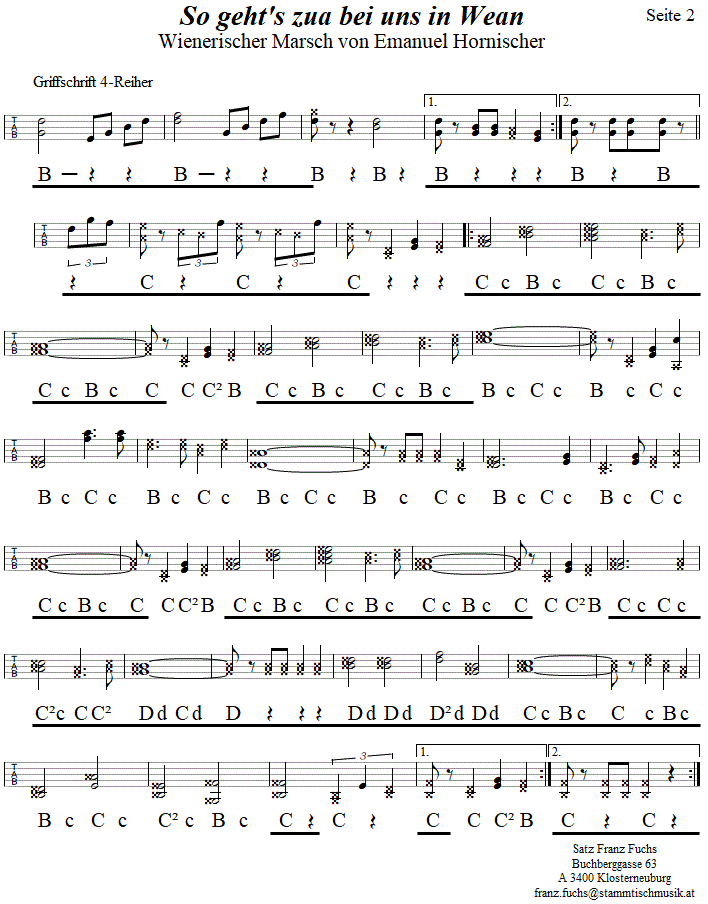 So geht's zua bei uns in Wean, Marsch von Emanuel Hormischer, in Griffschrift für Steirische Harmonika