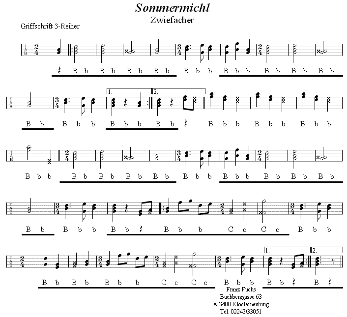 Sommermichl Zwiefacher in Griffschrift für Steirische Harmonika