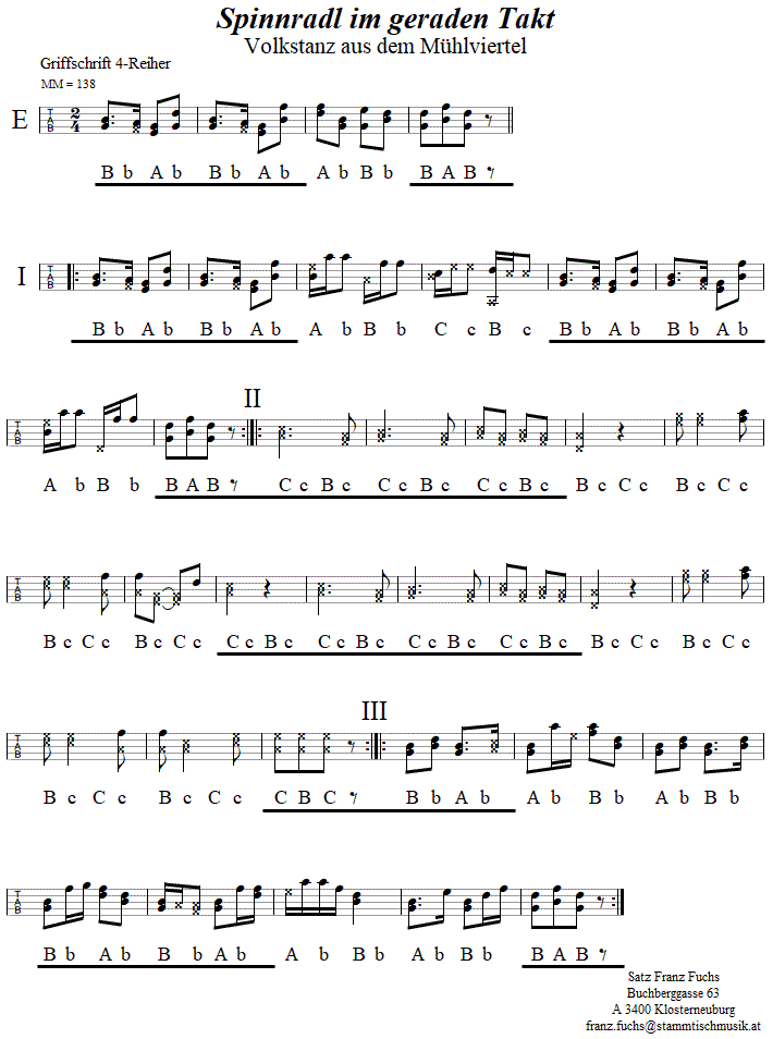 Spinnradl im geraden Takt, in Griffschrift für Steirische Harmonika