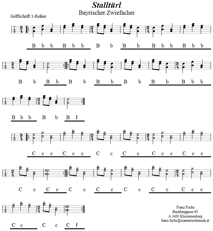 Stalltürl Zwiefacher, in Griffschrift für Steirische Harmonika