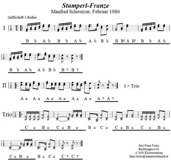 Stamperl-Franze, Franzé von Manfred Schweizer, in Griffschrift für Steirische Harmonika