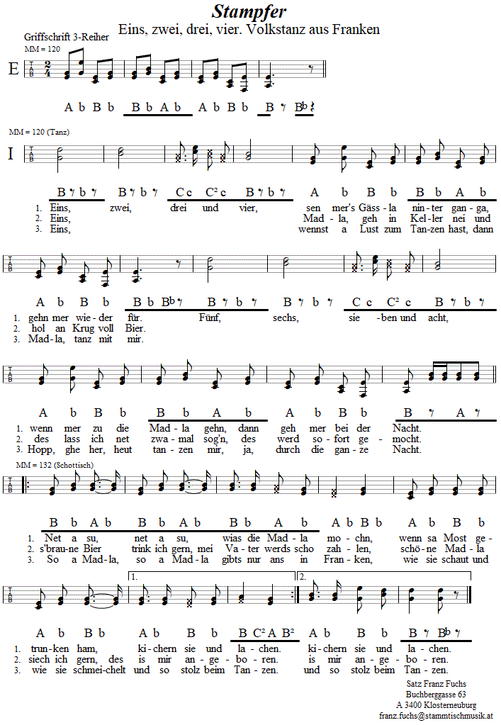 Stampfer (Eins, zwei, drei, vier), in Griffschrift für Steirische Harmonika