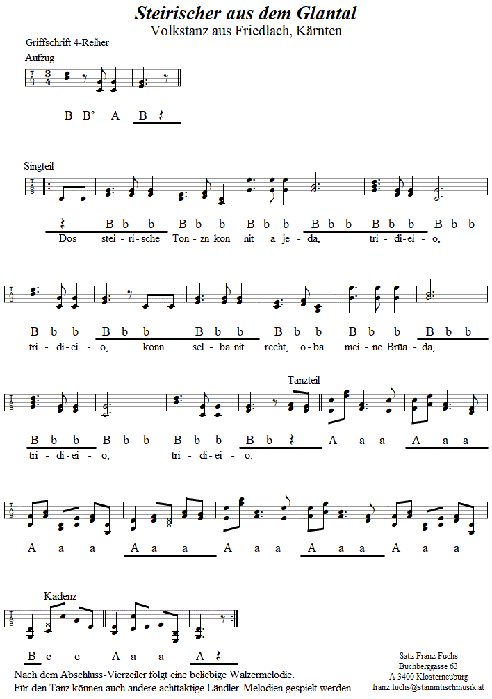 Steirischer aus dem Glantal(Friedlach), in Griffschrift für Steirische Harmonika