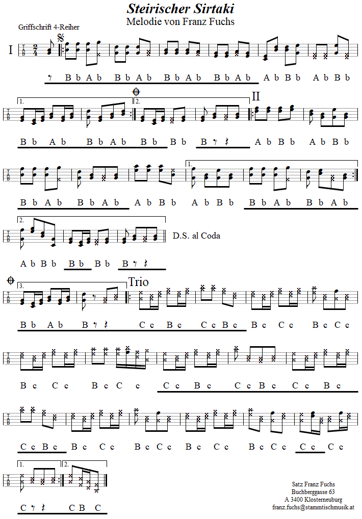 Steirischer Sirtaki, in Griffschrift für Steirische Harmonika