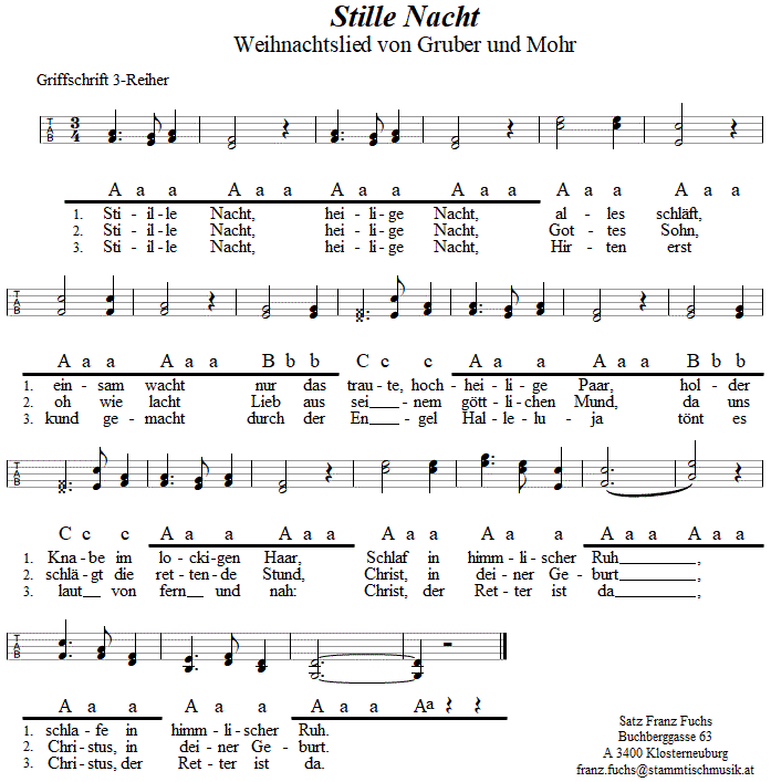 Stille Nacht, heilige Nacht, Weihnachtslied in Griffschrift für Steirische Harmonika