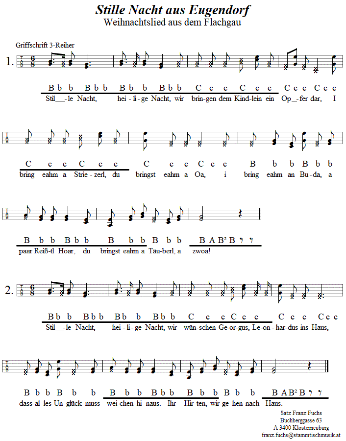 Stille Nacht aus Eugendorf, Weihnachtslied in Griffschrift für Steirische Harmonika