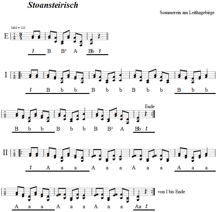 Stoansteirisch, in Griffschrift für Steirische Harmonika