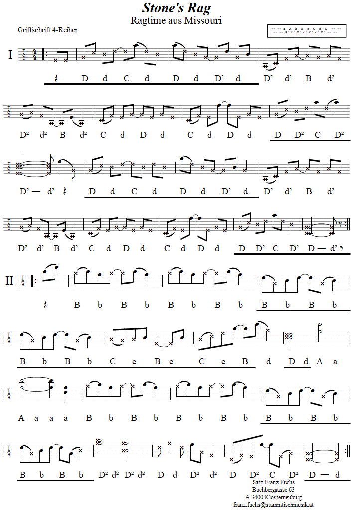 Stones Rag (Ragtime aus Missouri) in Griffschrift für vierreihige Steirische Harmonika