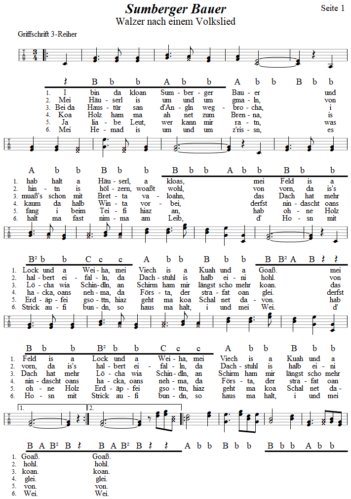 Sumberger Bauer Walzer, in Griffschrift für Steirische Harmonika