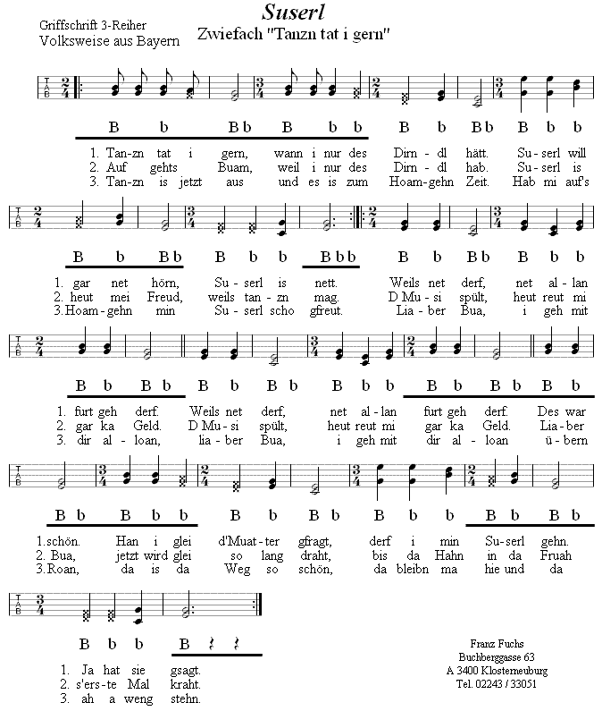 Suserl (Zuserl, Tanzn tat i gern) - Zwiefacher in Griffschrift für Steirische Harmonika