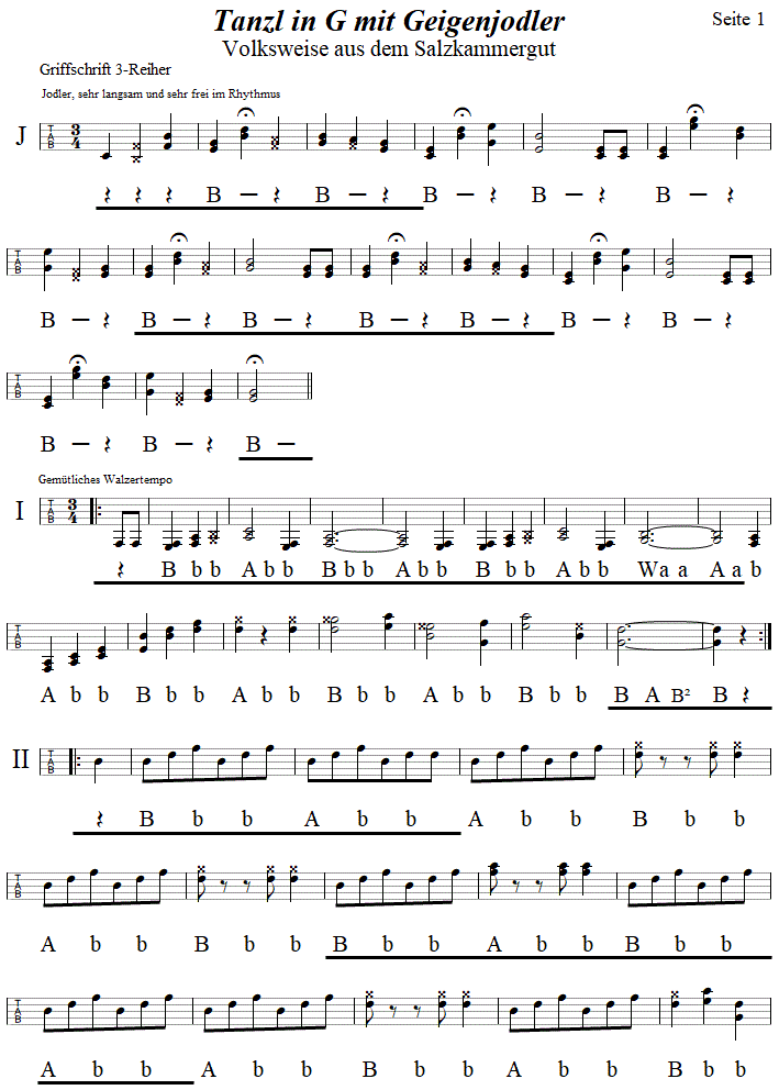 Tanzl in G mit Jodler, in Griffschrift für Steirische Harmonika