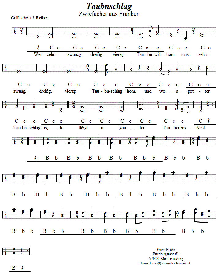 Taubnschlag, Zwiefacher in Griffschrift für Steirische Harmonika