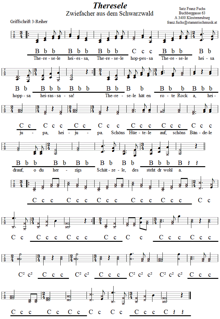 Theresele Zwiefacher, in Griffschrift für Steirische Harmonika