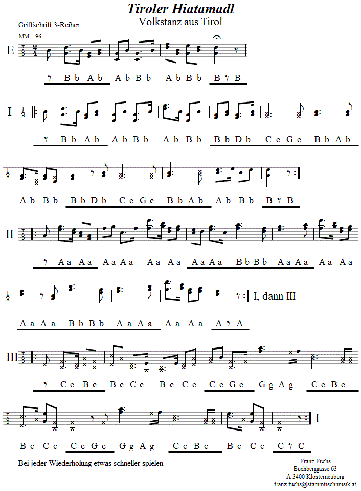 Tiroler Hiatamadl, in Griffschrift für Steirische Harmonika