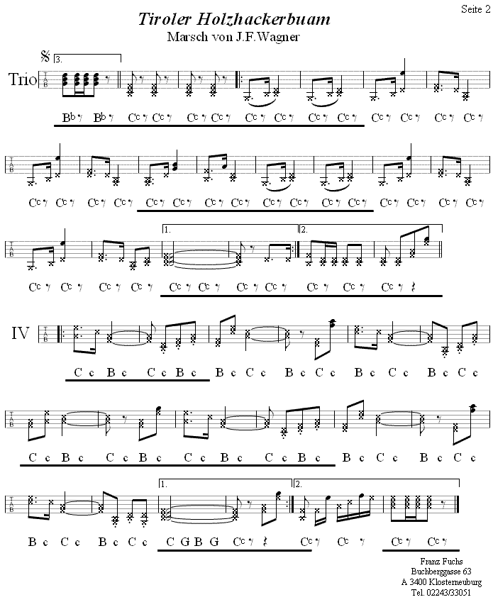 Tiroler Holzhackerbuam, Marsch von J.F. Wagner in Griffschrift für Steirische Harmonika