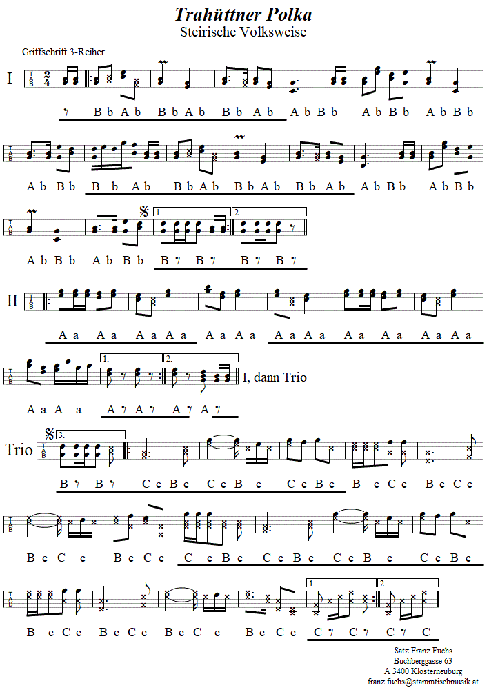 Trahüttner Polka, in Griffschrift für Steirische Harmonika