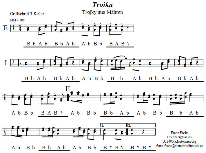 Troika (Mähren), in Griffschrift für Steirische Harmonika