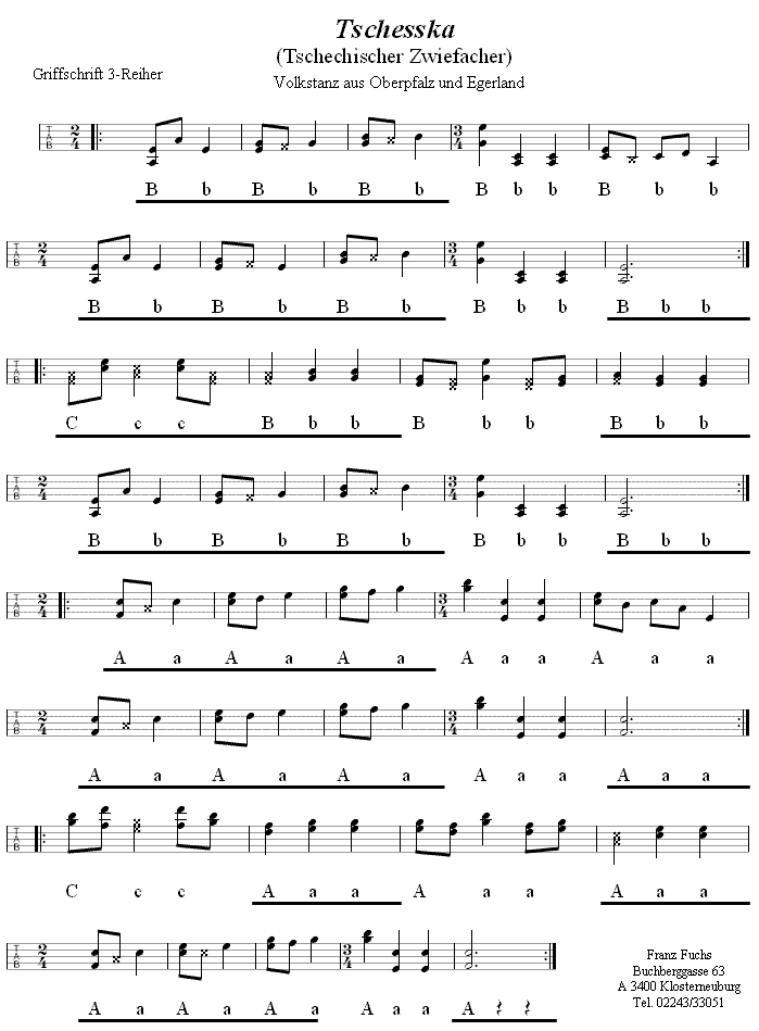 Tschesska, Furiant, Sedlak, Tschechischer Zwiefacher in Griffschrift für Steirische Harmonika