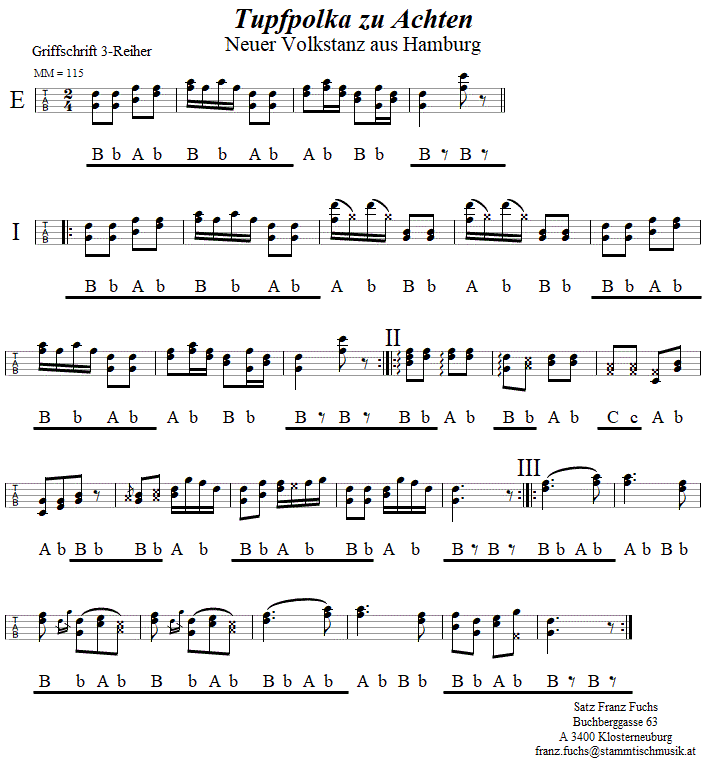 Tupfpolka zu Achten, in Griffschrift für Steirische Harmonika