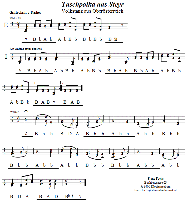 Tuschpolka aus Steyr, in Griffschrift für Steirische Harmonika