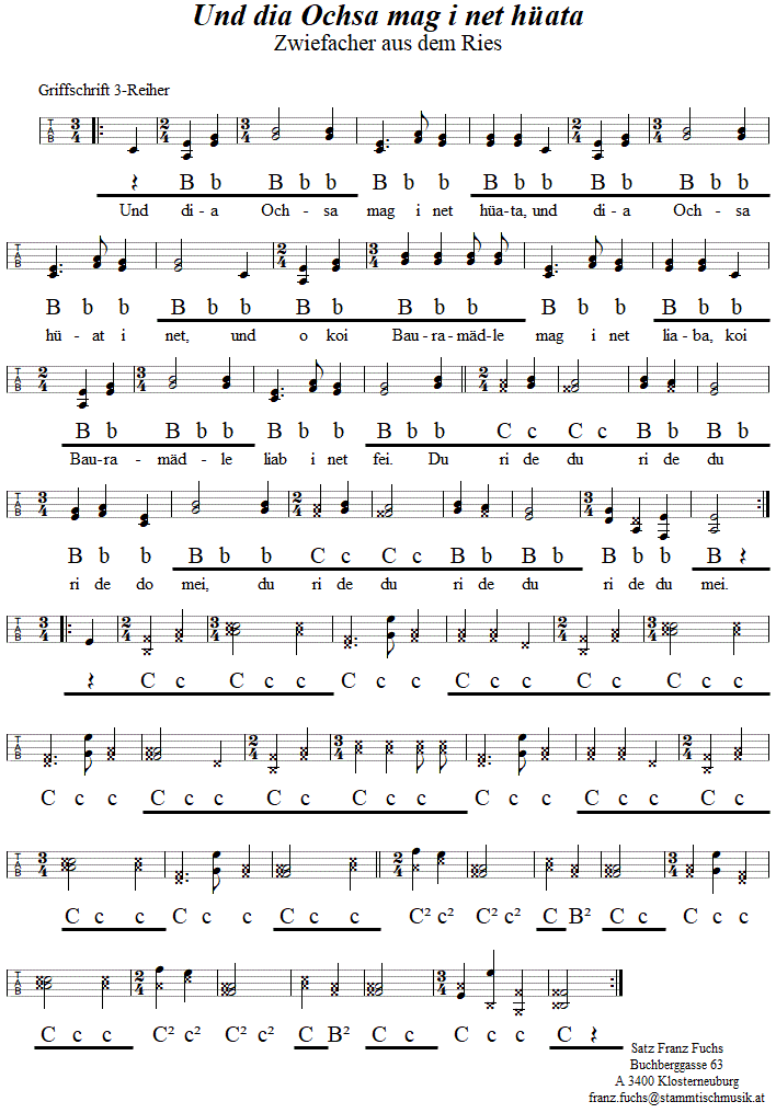 Und dia Ochsa mag i net hüata, Zwiefacher aus dem Ries in Griffschrift für Steirische Harmonika