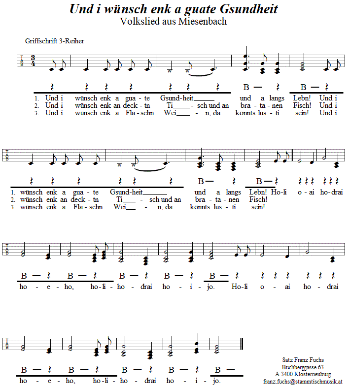 Und i wünsch enk a guate Gsundheit, in Griffschrift für Steirische Harmonika