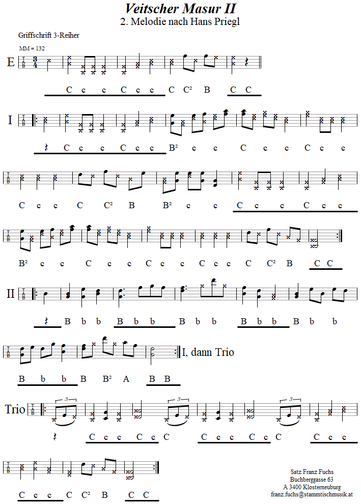 Veitscher Masur, 2. Melodie, in Griffschrift für Steirische Harmonika