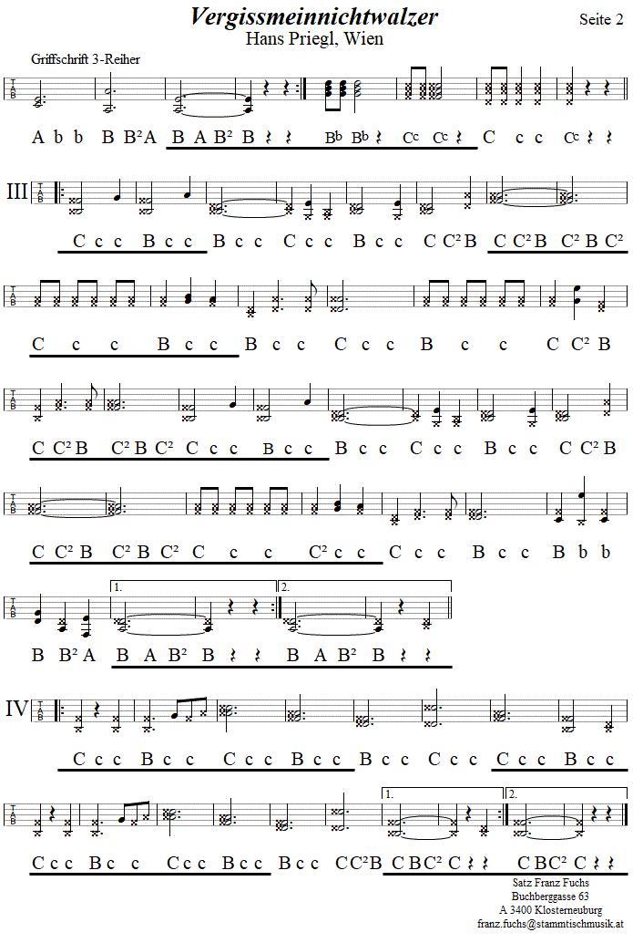 Vergissmeinnichtwalzer von Hand Priegl, in Griffschrift für Steirische Harmonika