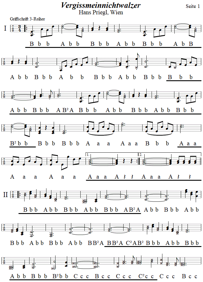 Vergissmeinnichtwalzer von Hand Priegl, in Griffschrift für Steirische Harmonika