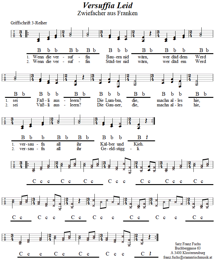 Versuffia Leid, Zwiefacher aus Bayern in Griffschrift für Steirische Harmonika