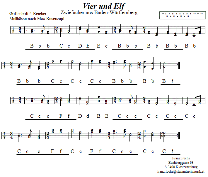 Vier und Elf, Zwiefacher in Griffschrift für Steirische Harmonika