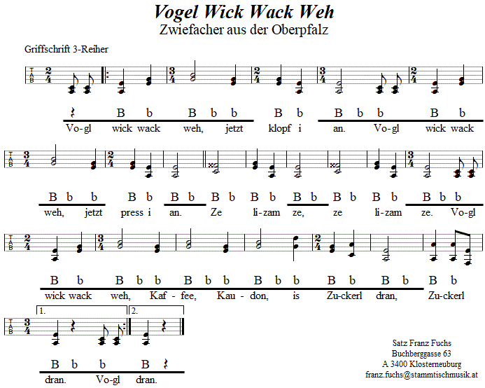 Vogel Wick Wack Weh, Zwiefacher, in Griffschrift für Steirische Harmonika