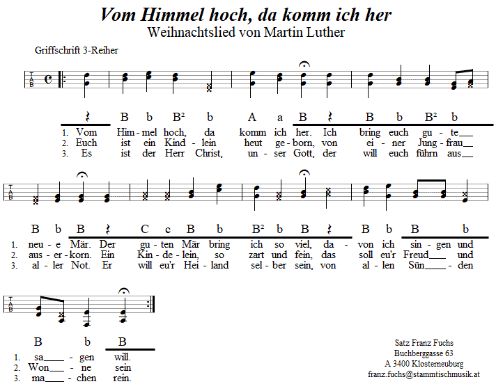 Vom Himmel hoch, da komm ich her, Weihnachtslied in Griffschrift für Steirische Harmonika