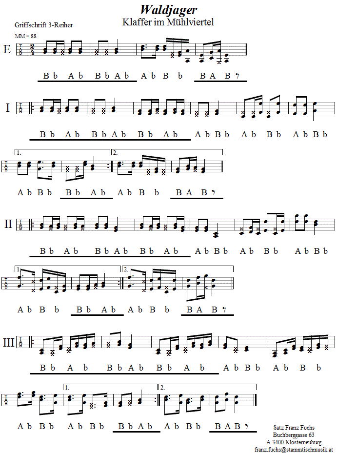 Mühlviertler Waldjäger, Melodie aus Klaffer, in Griffschrift für Steirische Harmonika