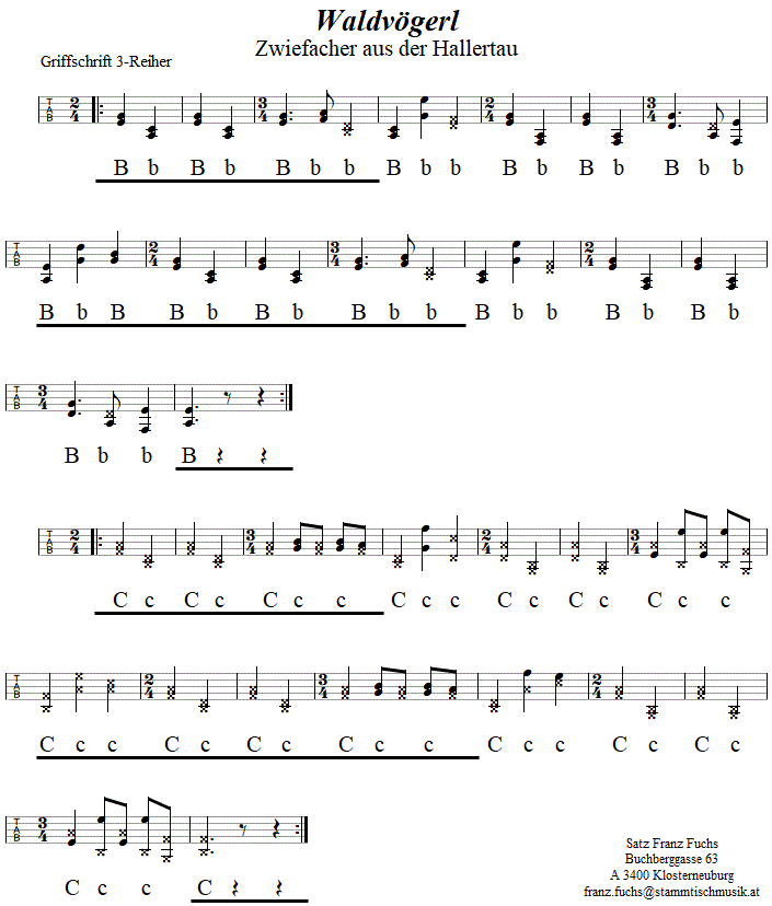 Waldvögerl, Zwiefacher in Griffschrift für Steirische Harmonika