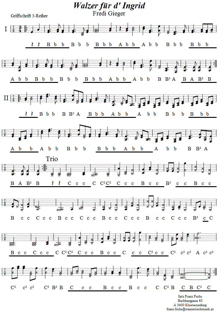 Walzer für d' Ingrid, von Alfred Gieger, in Griffschrift für Steirische Harmonika