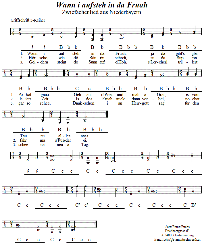 Wann i aufsteh in da Fruah, Zwiefachenlied in Griffschrift für Steirische Harmonika