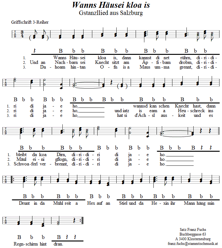 Wanns Häusei kloa is - in Griffschrift für Steirische Harmonika