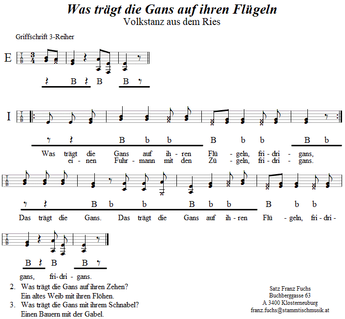 Was trägt die Gans auf ihren Flügeln, in Griffschrift für Steirische Harmonika