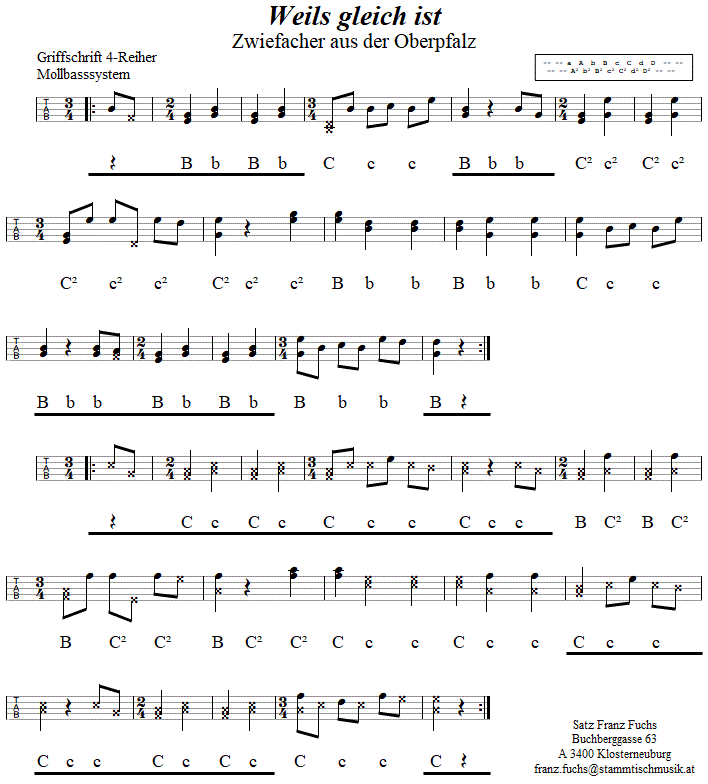 Weils gleich ist, Zwiefacher in Griffschrift für Steirische Harmonika