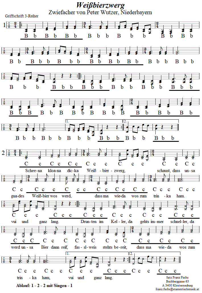 Weißbierzwerg, Zwiefacher von Peter Wulzer, in Griffschrift für Steirische Harmonika