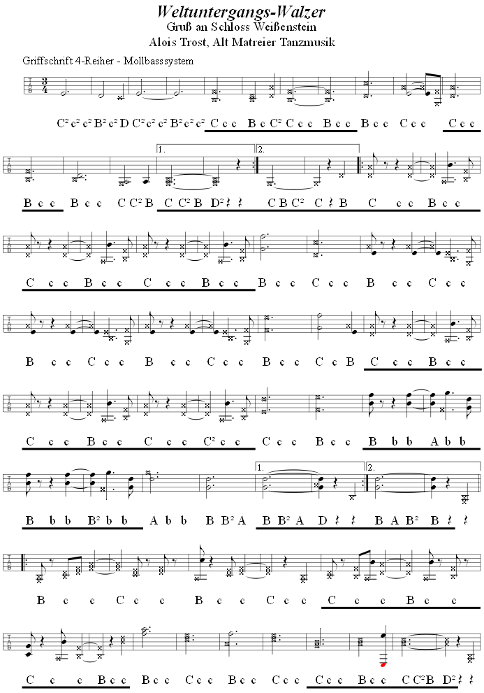 Weltuntergangswalzer (Gruß an Schloss Weißenstein), Walzer von Alois Trost in Griffschrift für Steirische Harmonika