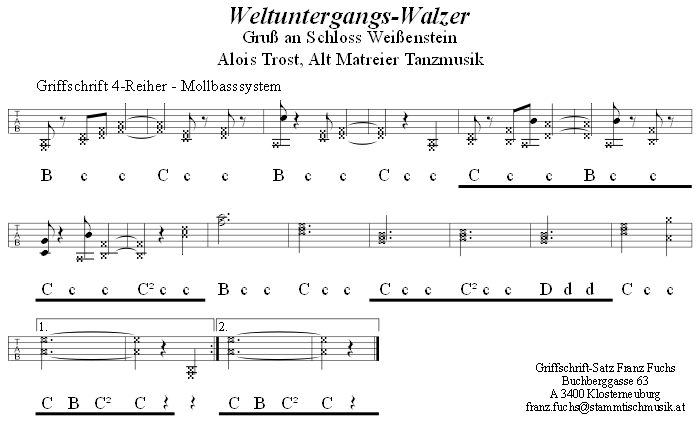 Weltuntergangswalzer (Gruß an Schloss Weißenstein), Walzer von Alois Trost in Griffschrift für Steirische Harmonika