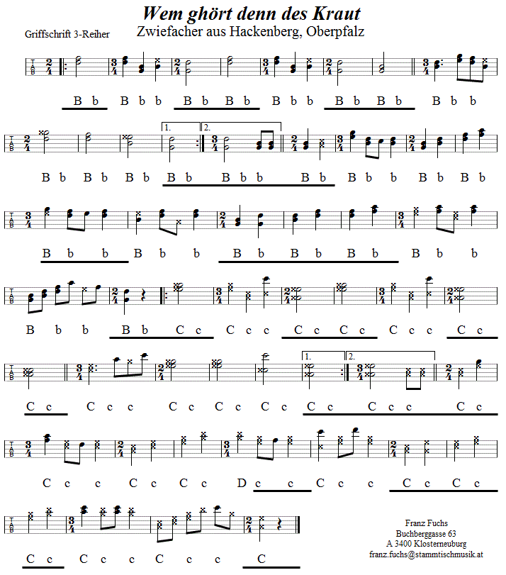 Wem ghört denn des Kraut Zwiefacher, in Griffschrift für Steirische Harmonika