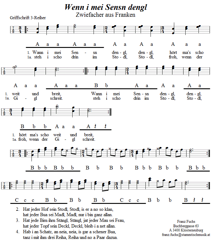 Wenn i mei Sensn dengl, Zwiefacher in Griffschrift für Steirische Harmonika