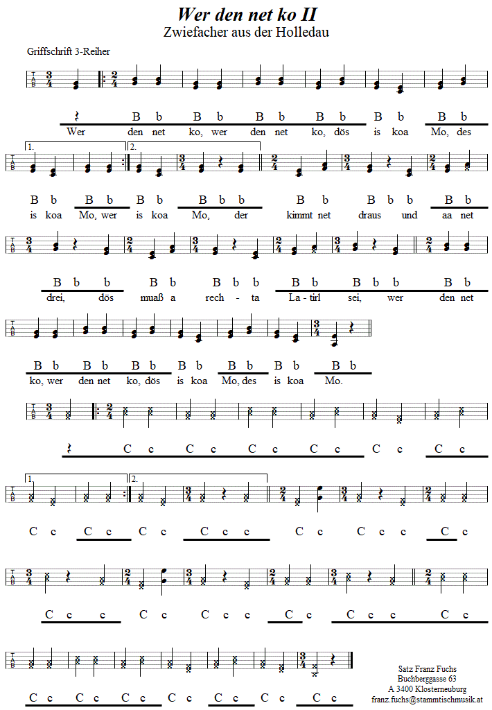 Wer den net ko II, Zwiefacher in Griffschrift für Steirische Harmonika