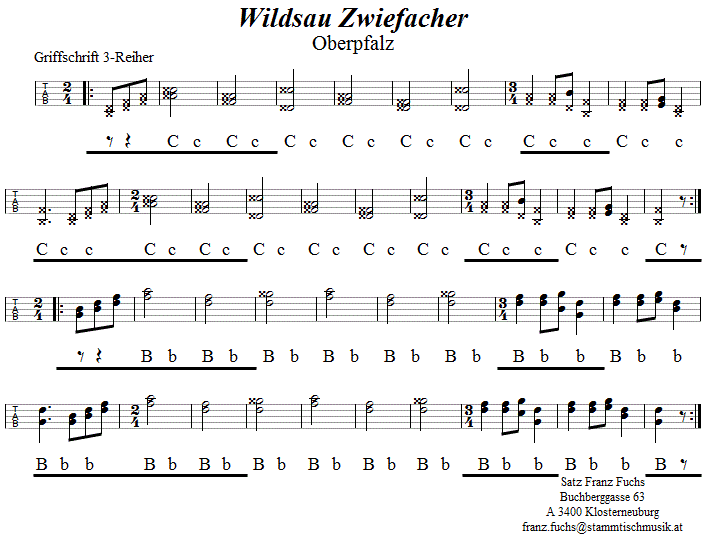 Wildsau Zwiefacher in Griffschrift für Steirische Harmonika