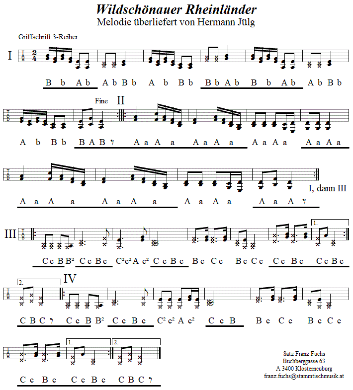 Wildschönauer Rheinländer, in Griffschrift für Steirische Harmonika