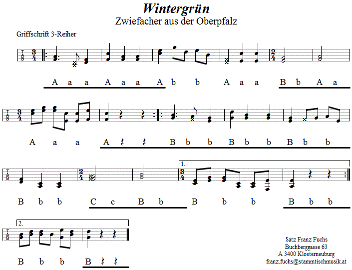 Wintergrün, Zwiefacher in Griffschrift für Steirische Harmonika