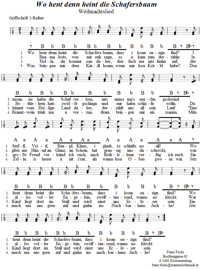 Wo hent denn heint die Schafersbuatm, Weihnachtslied in Griffschrift für Steirische Harmonika